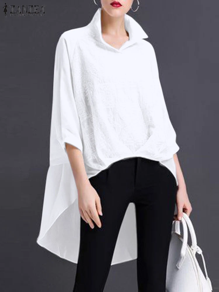 

ZANZEA Elegant Women Solid Asymmetrical Hem Blouse Fashion Tunic Tops Casual Lapel Neck 3/4 Sleeve Shirt Work OL Blusas Female