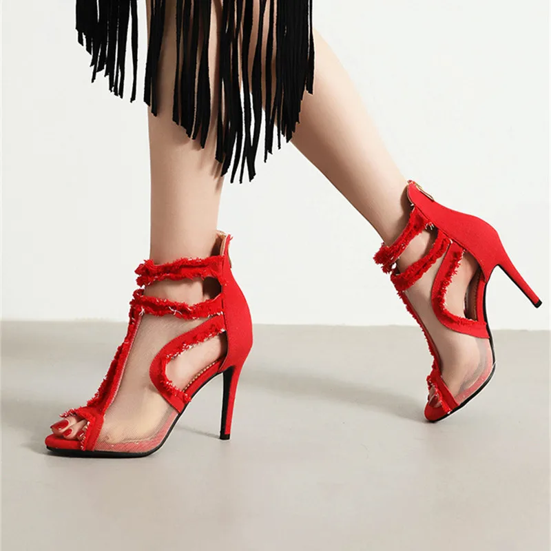 2023 New Denim Women's Sandals With Heels Summer Female Footwear Pointed Toe Stiletto Peep Toe Zip Fashion Mesh Ladies Shoes
