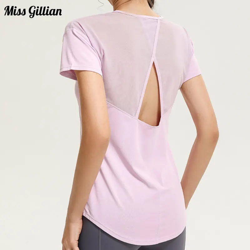 

Gym Short Sleeve T-shirts Women Summer Hollow Out Quick Dry Loose Backless Top Solid Mesh Basic Yoga Tees Casual Female Clothing