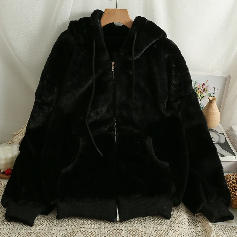 Korean Fashion Loose Faux Fur Woman Drawstring Hooded Plush Winter Coat Female Zipper Long Sleeve Solid Color Top Dropshipping