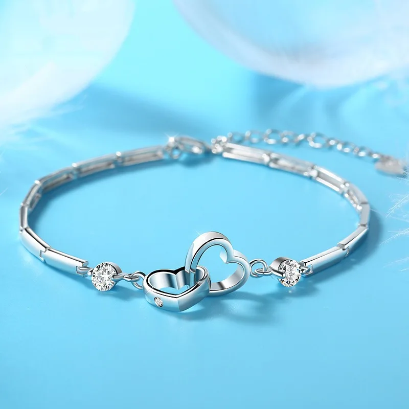 

Japanese and Korean Simple Sweet and Lovely Double Heart Woman Bracelet Heart To Heart Jewelry Love Bracelet Gift