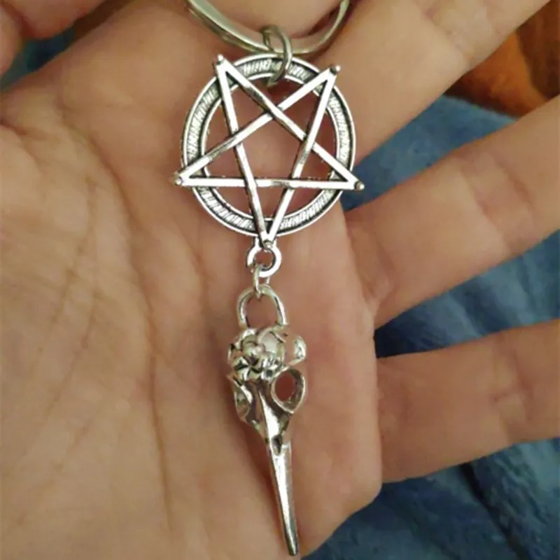 

Pentacle five Star Pentagram Skeleton Bird Head Tarot Key Chains, keyring,Silver Color, Women Jewelry Man Accessory Fashion