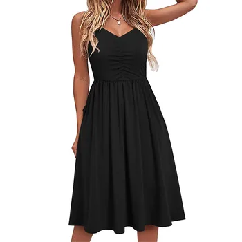 Ladies Elegant Sexy Outfits Summer V-Neck Pure Casual Lace-Up Sling Temperament Knee-Length Dress Party Club Sundress 1