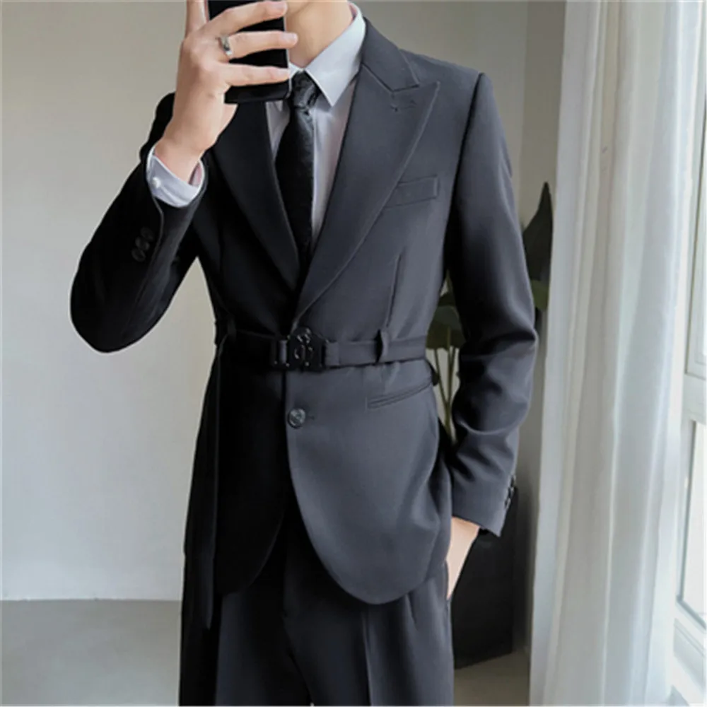 Men Blazer Homme Luxury Original Designer Belt Slim Fit Suit Blazer Korean Style Youth Man Casual Jacket Coat Chaqueta Hombre
