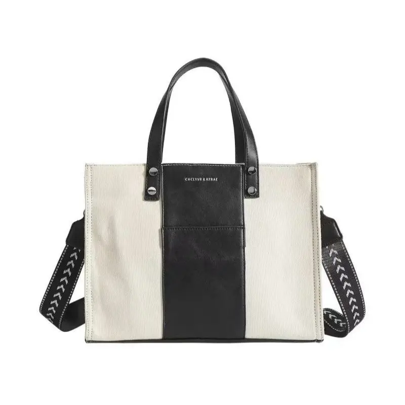 

Новинка 2023, Минималистичная черно-белая сумка-тоут, Женская вместительная сумка через плечо, женские сумки, Холщовая Сумка-книжка для студентов