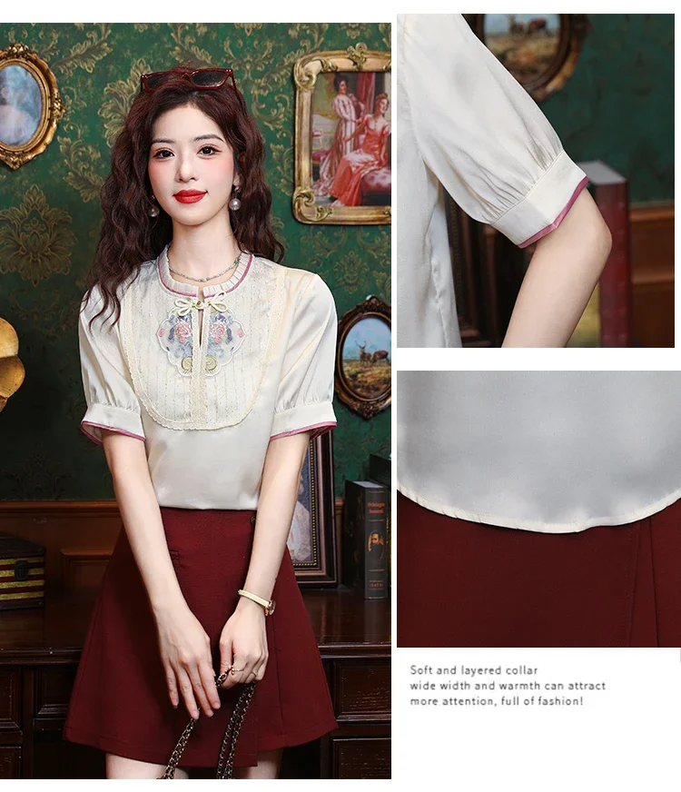 Женские блузки с вышивкой в китайском стиле летняя свободная одежда коротким