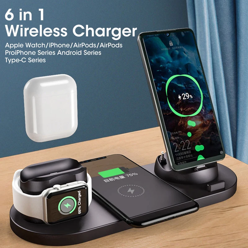 

Wireless Charger 6 in 1 10w Qi Fast Stand Carga Rapida Dock Station Carregador Sem Fio for Iphone Apple Watch Airpods