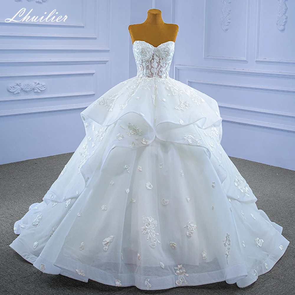 

Lhuilier Real Photos Ball Gown Lace Appliques Wedding Dresses Sleeveless Ruffled Floor Length Bridal Gowns with Corset Back