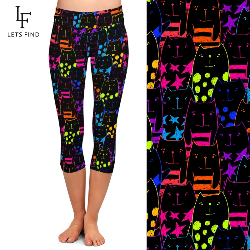 Женские флуоресцентные леггинсы-Капри LETSFIND с цифровым принтом мультяшного кота