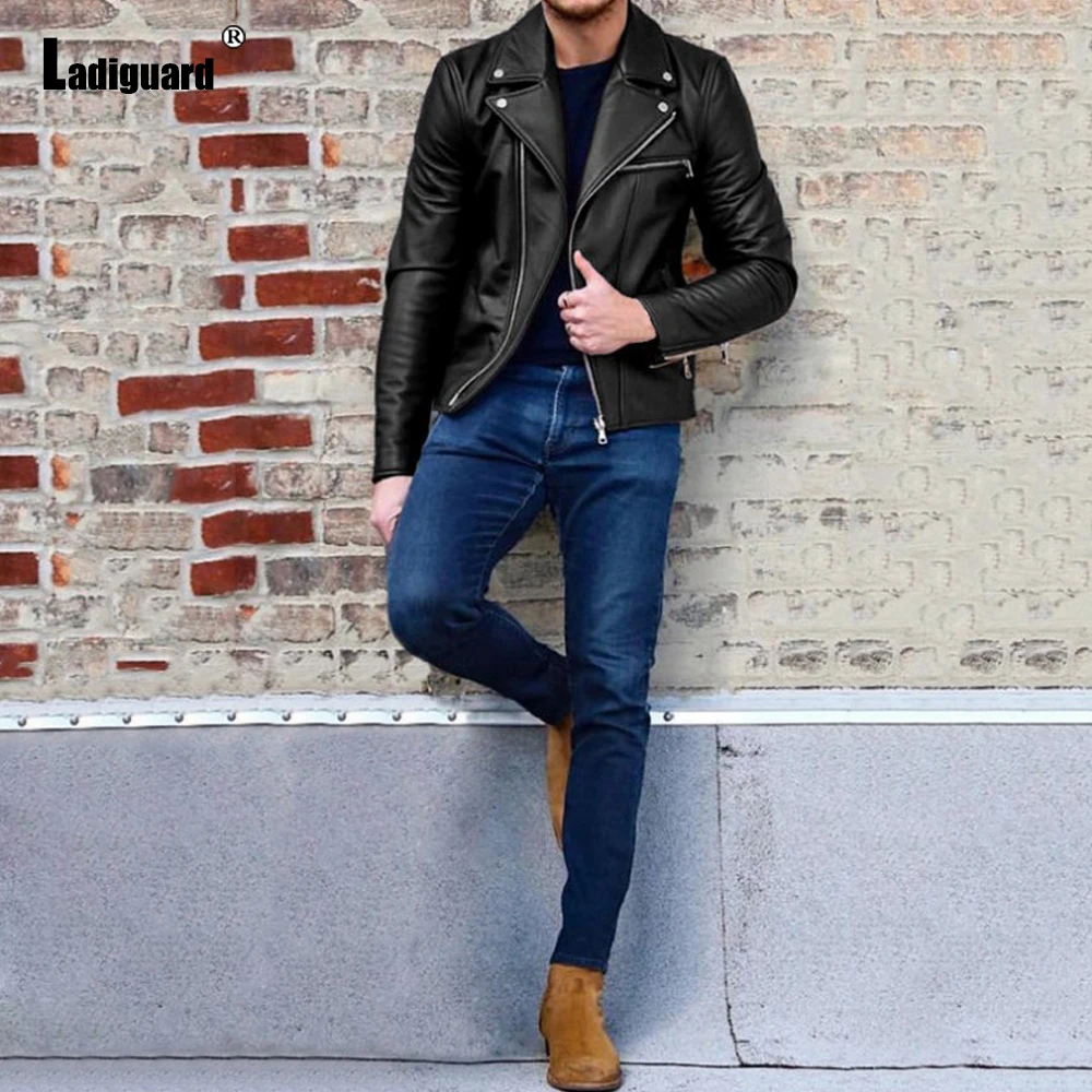 Ladiguard 2022 Autumn Pu Leather Jackets Men's Top Outerwear Lepal Collar Biker Jacket Plus size Mens Faux Leather Overcoats
