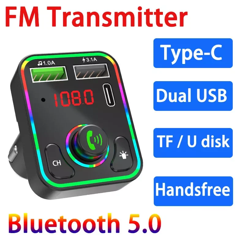 

Light Bluetooth 5.0 FM Transmitter Type-C Car Kit Charger Dual USB Audio Receiver Handsfree MP3 Player Music U Disk play