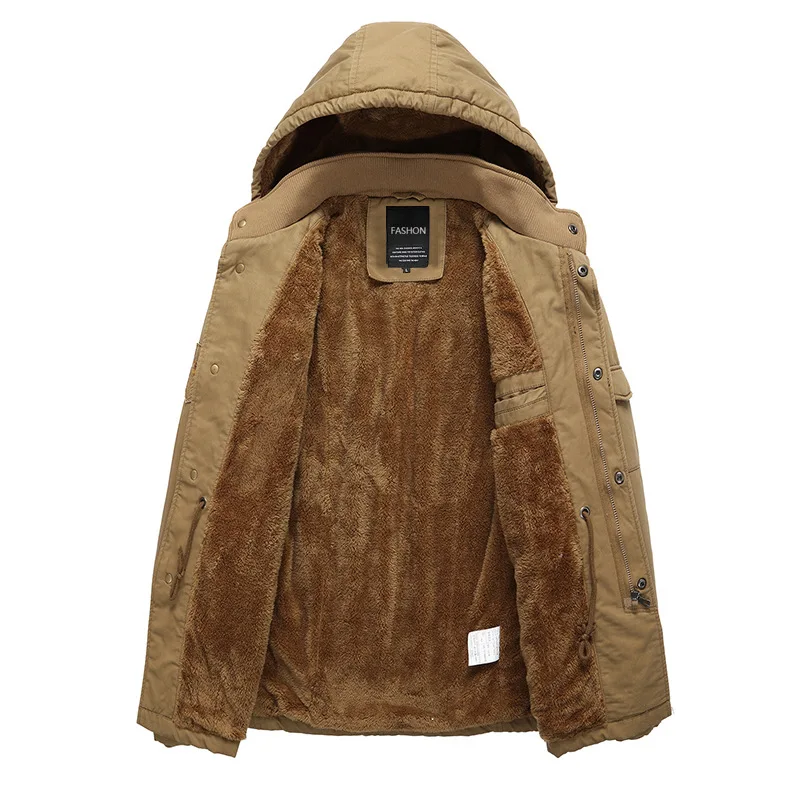 Winter Mid-length Fleece Hooded Parka Men's Casual Large Size Loose Cotton Coat Outdoor Sports Warm Jacket Men Chaquetas Hombre