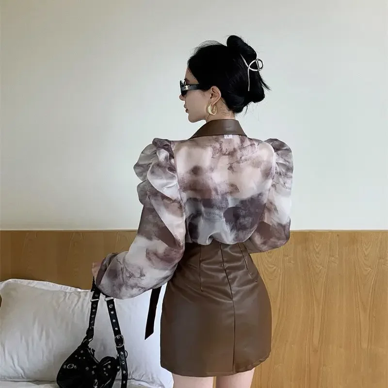 Элегантный женский осенний чернильный костюм с пышными рукавами и воротником