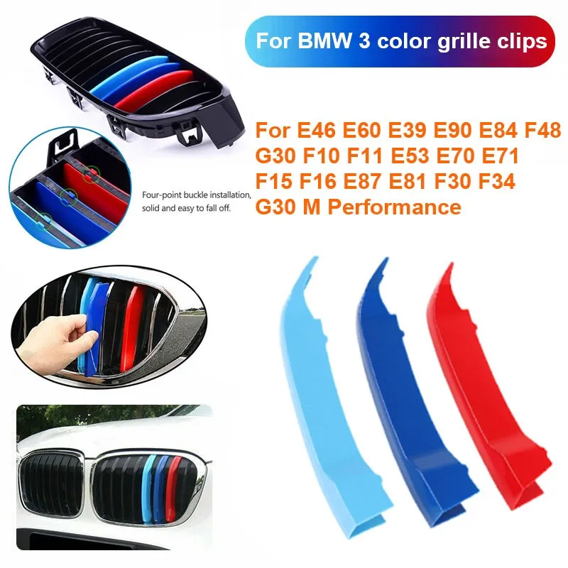 

3pcs ABS Racing Grille Clip For BMW E46 E60 E39 E90 E84 F48 G30 F10 F11 E53 E70 E71 F15 F16 E87 E81 F30 F34 G30 M Performance