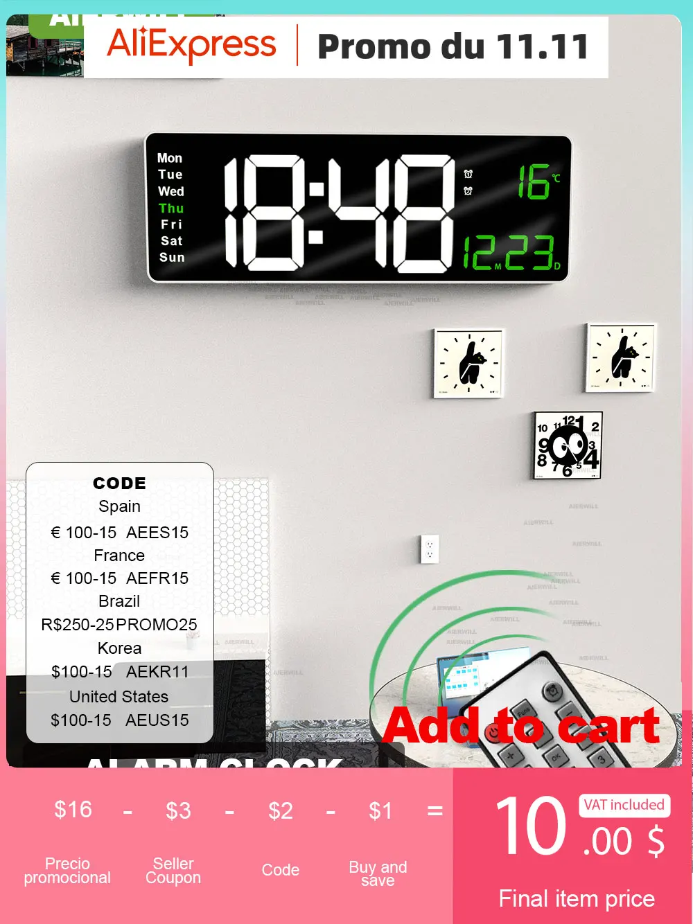 

16inch Digital Wall Clock Large LED Alarm Clock Remote Control Date Week Temperature Clock Dual Alarms LED Display Clock