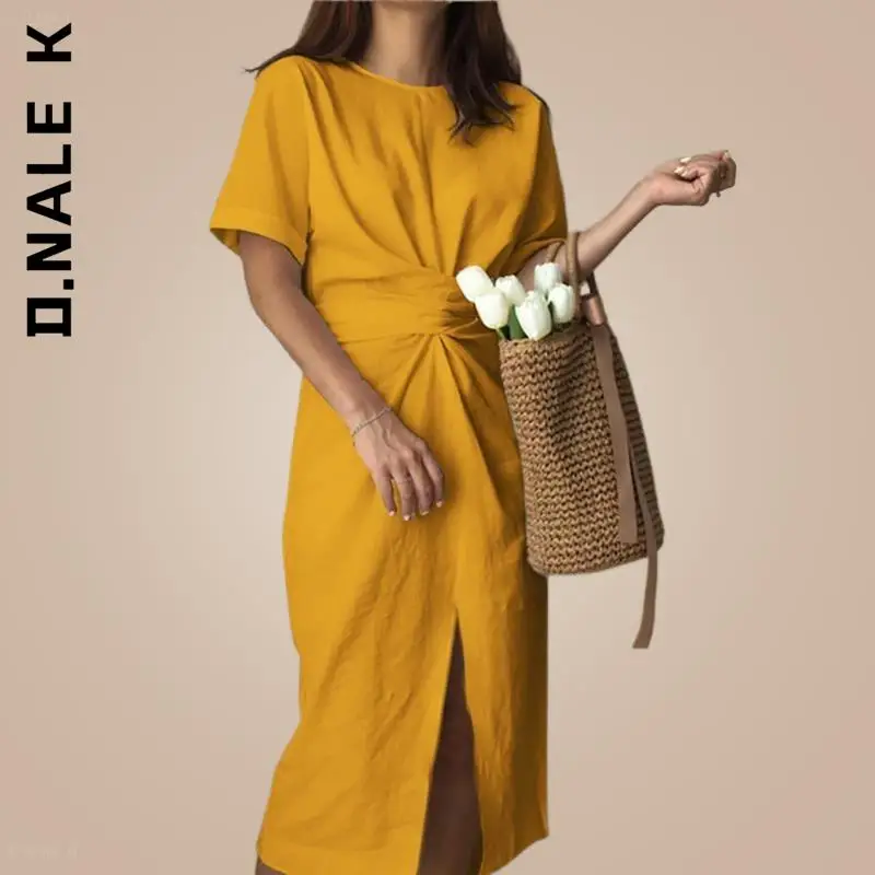 

D.Nale K 2022 Short Sleeve Front Slit Bowknot Dresses Women Casual Dress Holiday Beach Sundress Femme Party Robe
