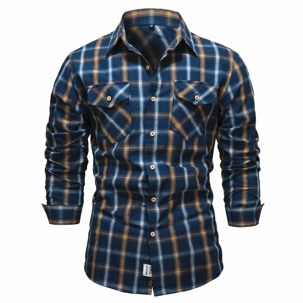 New Men's US Size Pocket Decorative Shirts Fashion Plaid Long Sleeve Shirts