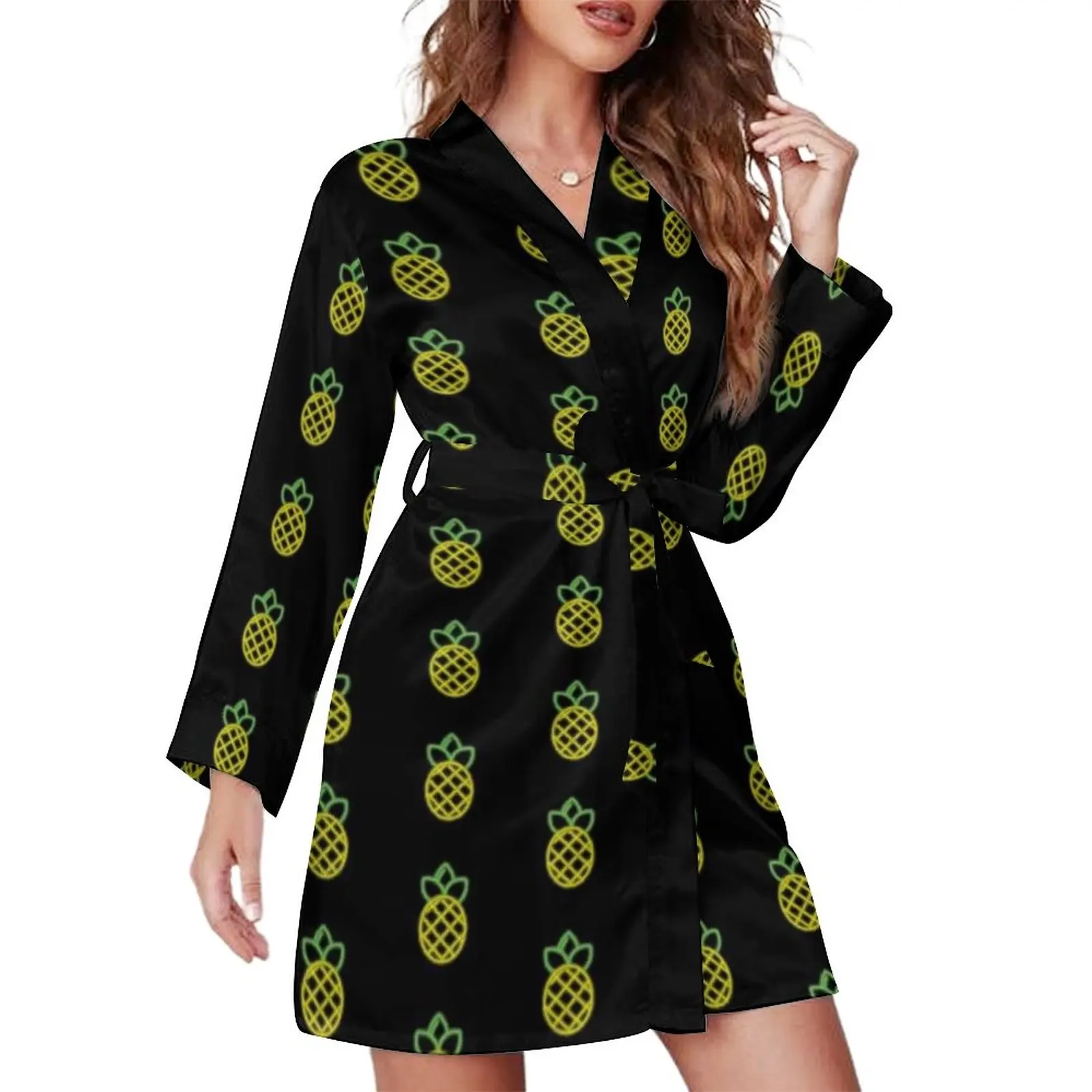 

Pineapple Pajama Robe Fruit V Neck Hot Patterns Dress Casual Wife Night Sleepwear