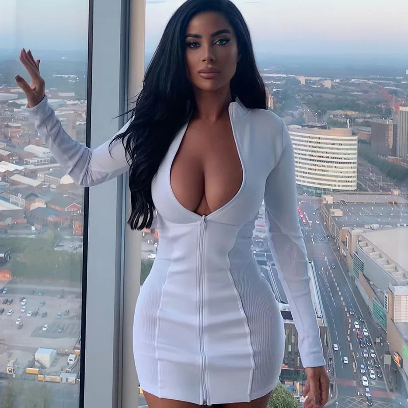 

Lapel Zipper Long-Sleeved Women's Hip Dress Stitching Contrast Color Niche Fashion All-Match Commuter Slim Tight-Fitting deep v
