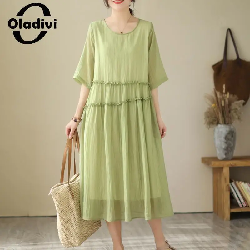 

Oladivi Large Size Women Casual Loose Solid Color Midi Dress 2023 Summer New Oversize Clothing Big Dresses Female Tunic Robe 120