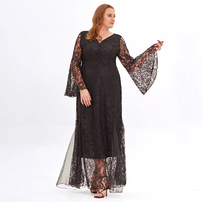 Plus Size Large Women's Dress New Elegant V-neck Silk Color Women's Mesh Dress Flare Long Sleeves Fat MM Elegant Lace Dresses