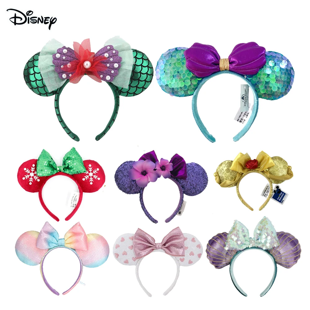 Disney Big Bows Mermaid princess Minnie Ears Headband Sequin Bows EARS COSTUME Headband Cosplay Plush Adult/Kids Headband Gift