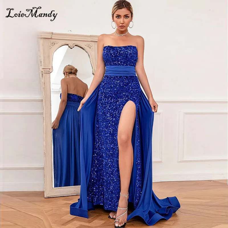 

Long Mermaid Prom Dresses 2022 Royal Blue Square Collar Evening Party Gowns For Women Sexy High Side Split Vestidos de fiesta