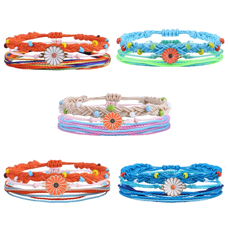 

New Fashion Bohemian Hand Woven Wax Thread Beaded Rice Bead Bracelet Daisy Sunflower Color Suit For Women Man Couple Friendship