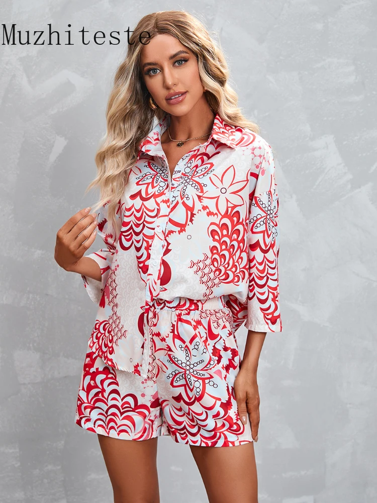 

New Spring/Summer Printed Shorts Leisure Suit Women's Seven-point Sleeve Lapel Shirt and Shorts 2-piece Women's Suit Streetwear