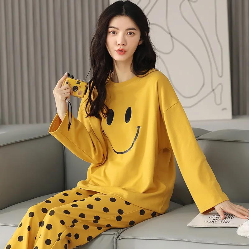Spring and Autumn Cotton Pajamas Women's Long-sleeve Cute Plus Size Thin Two-piece Suit Womens Two Piece Sets Anime Pajamas