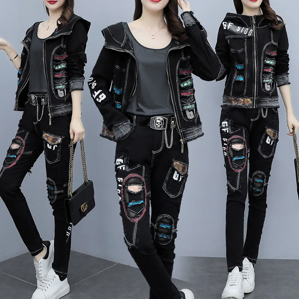 

Autumn Fashion Hole Print Contrast Stitching Denim Hooded Jacket Vest + sweatershirt + Harem Pants Loose Three piece sets