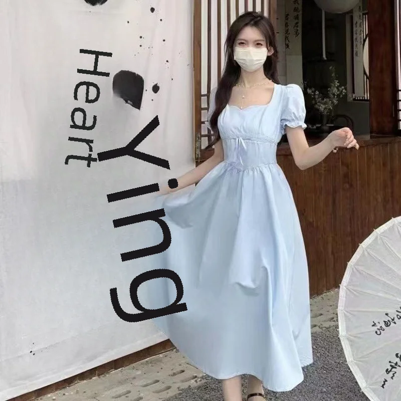 2024 новое летнее нежное стильное свежее синее платье с квадратным воротником и