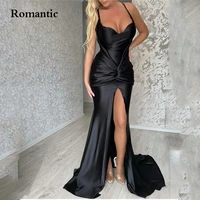romantic black satin silk sexy evening dress side high slit back strap sweetheart vestido long prom gowns formal party invite