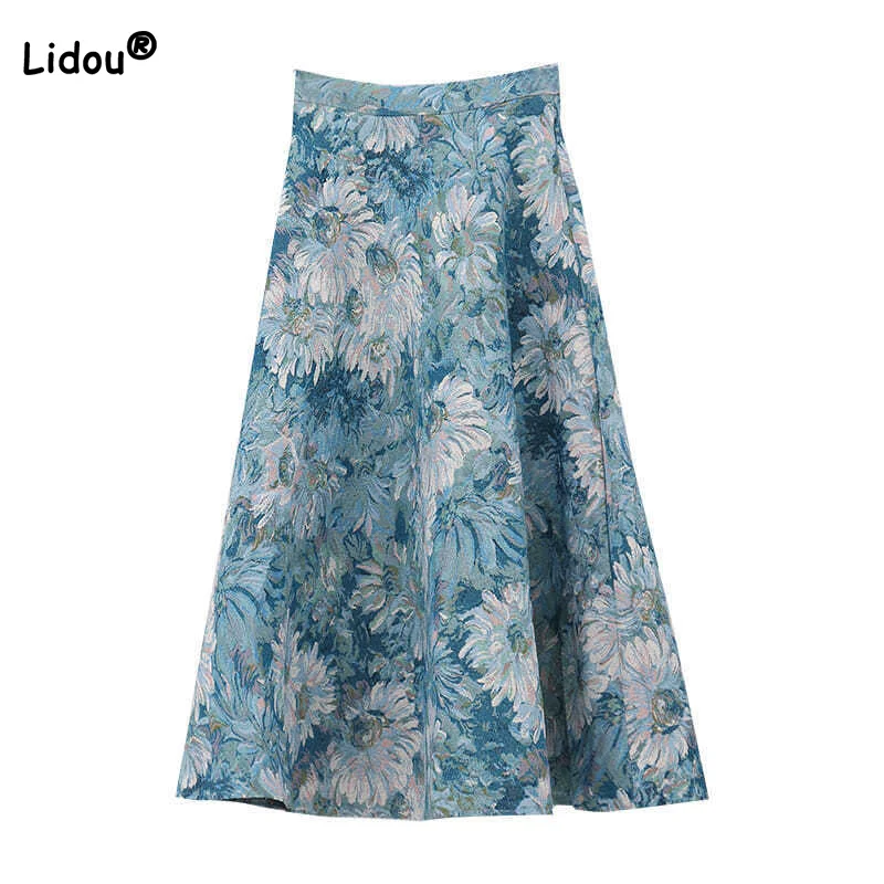 

Женская креативная одежда в стиле Хепберн, стильная юбка средней длины с цветочным принтом и вышивкой, весна-лето-осень