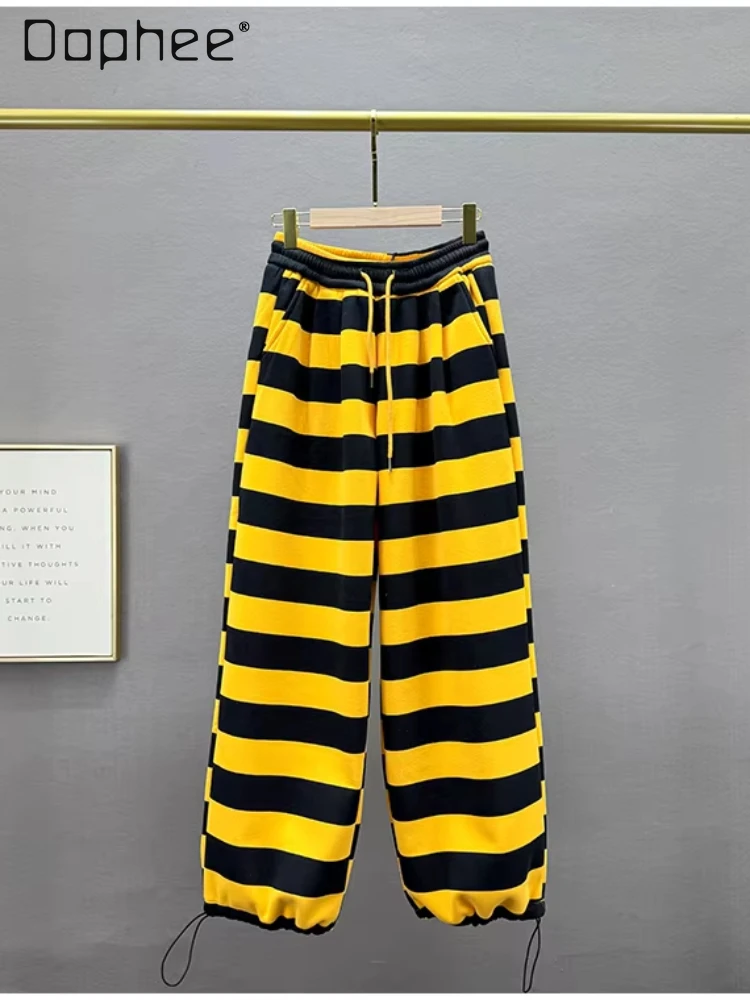 Флисовые спортивные штаны женские зимние новые свободные и эластичные полосатые
