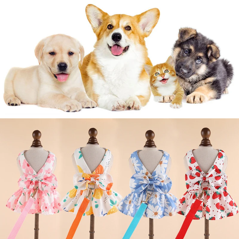 

Летнее платье для собаки с цветочным рисунком, милое платье принцессы с бантом, юбка для собаки, одежда для щенка для маленьких и средних собак, одежда для чихуахуа, Йорка