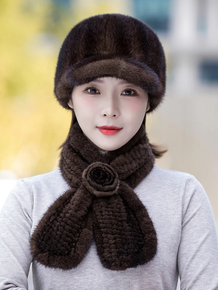 Women Real Mink Fur Hat Scarf Sets Winter Warm Peaked Cap Headwear Neckerchief Wine Black Brown