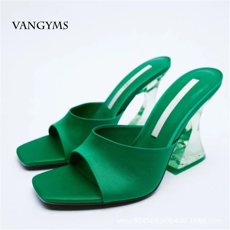 

VANGYMS Women Fashion Shoes Super High Heel Slippers Square Toe Strange Style Slides Heel Causal Ladies Sandals Summer Green 42