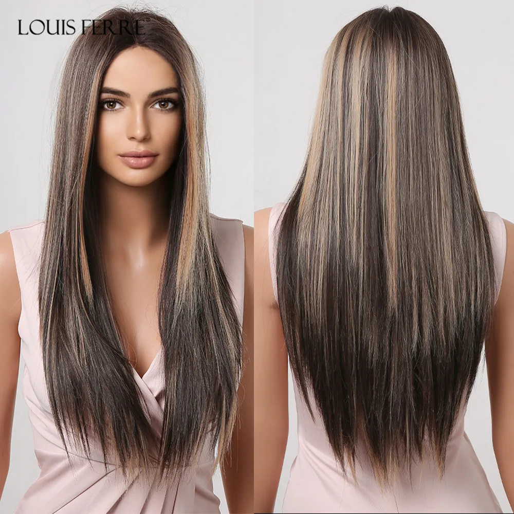 

LOUIS FERRE Long Brown Highlights Lace Frontal Synthetic Wigs 13*1 T Part Dark Brown Lace Front High Density Hair Wig for Women