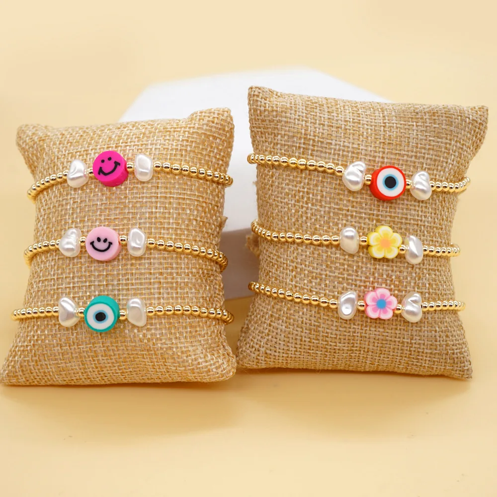 

Vlen Elastic Gold Color Beads Bracelet Pearl Flower Smiley Face Pulseras Vinyl Clay Evil Eye Bracelet for Women Jewelry