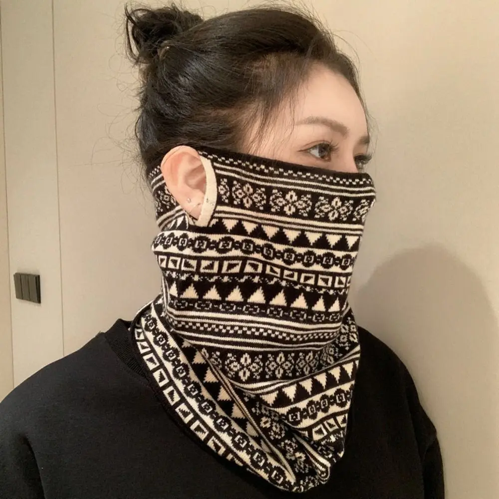 New Ethnic Style Winter Face Mask Ear-hanging Knitted Neck Collar Windproof Warm Cycling