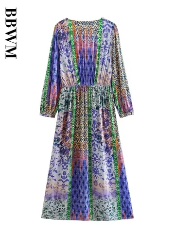 Patchwork Print Dress Women V Neck Midi Dress Woman Elastic Waist Hem Split Dresses for Women 2023 Long Sleeve High Street Dress