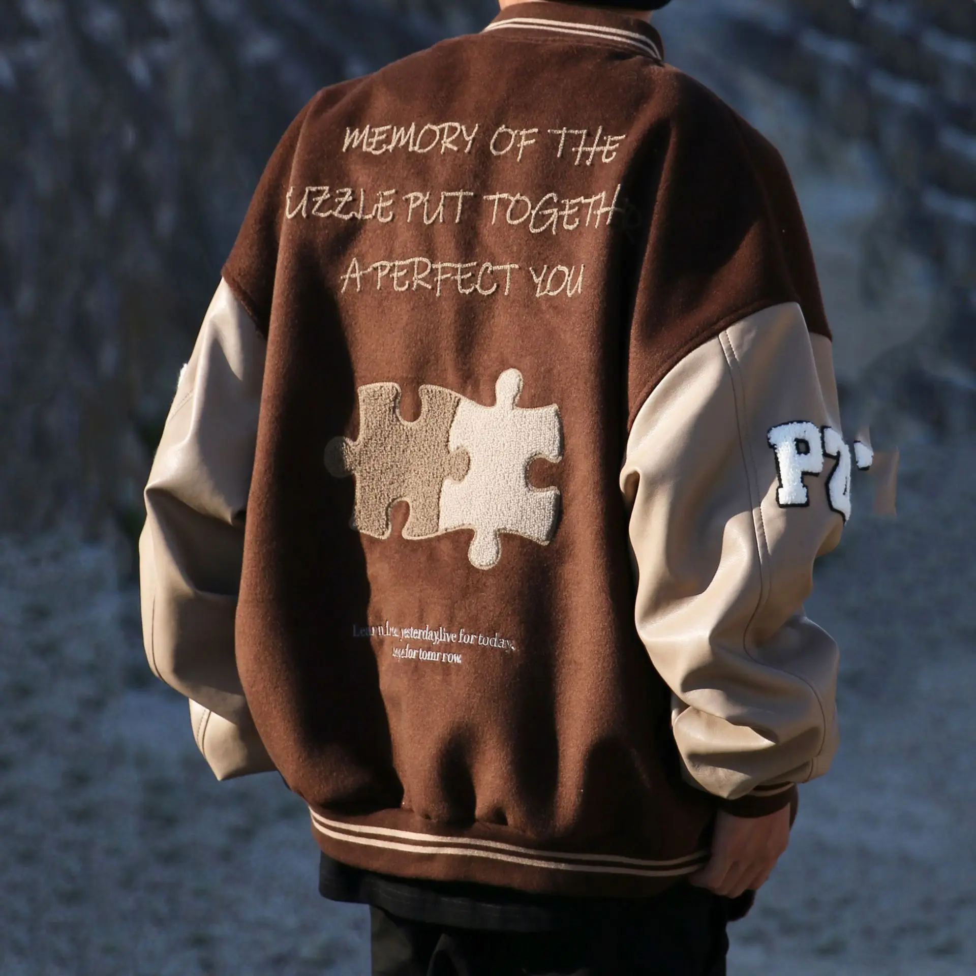 

Autumn and Winter Baseball Uniforms Brown Puzzle Pu Leather Embroidered Jacket Men and Women with The Same Loose Casual Jacket