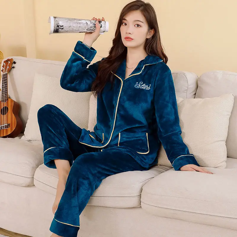 QWEEK Winter Women's Pajamas Solid Color Flannel Long Sleeve Trousers Pajamas Two Piece Sets Home Clothes Pijamas Pyjamas Cute