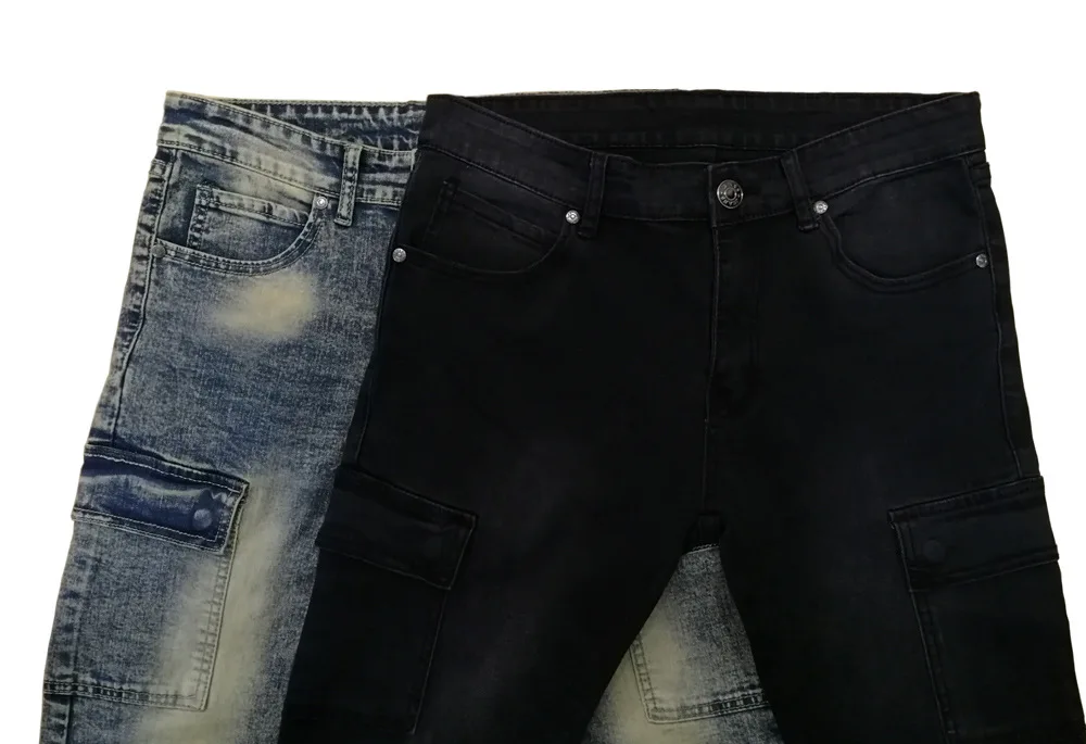 Retro Multi-Pocket Cargo Slim Fit Cotton Elastic Joggers Fashion High Street Wear Washed Old Men'S Pencil Jeans Size 29-38