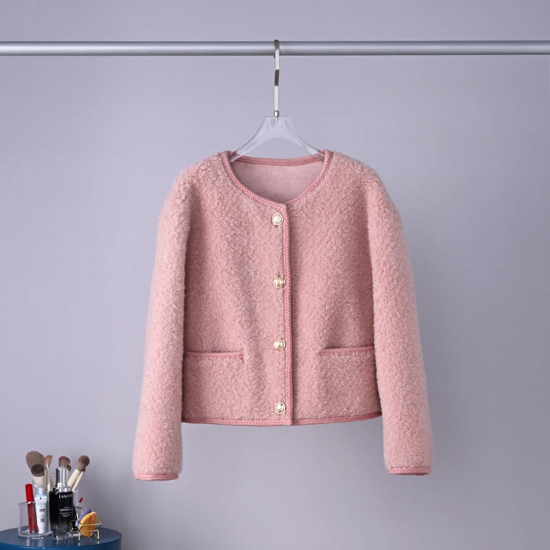 2023 Women Winter Fashion Genuine Wool Fur Jackets Female Short Sheep Shearing Coats Ladies O-neck Real Fur Overcoats R363