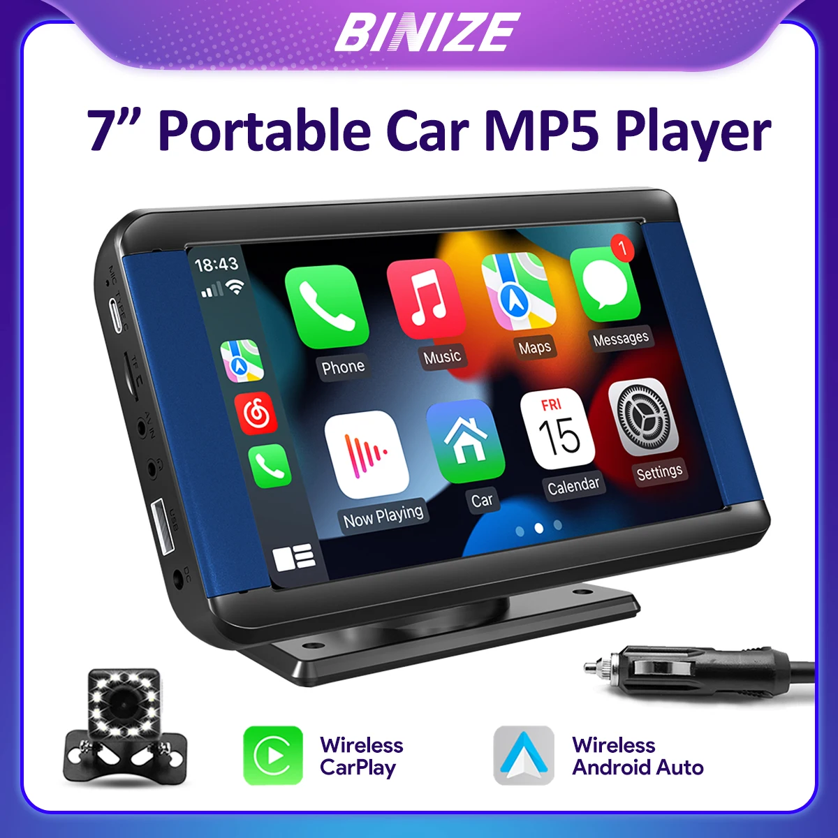 

Binize 7-дюймовый сенсорный экран автомобиля портативный беспроводной CarPlay & Android авто стерео Мультимедиа Bluetooth навигация Mirror Link