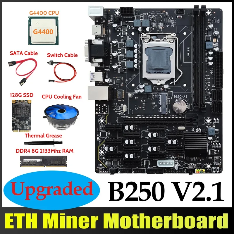 

Материнская плата B250 V2.1 ETH Miner 12PCIE + G4400 ЦП + DDR4 8 ГБ ОЗУ + 128G MSATA SSD + вентилятор + кабель SATA + кабель переключателя + термопаста