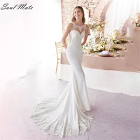 elegant lace mermaid 2022 wedding dress vestidos de novia o neck illusion back bridal gown appliques bridal dress robe de mari%c3%a9e