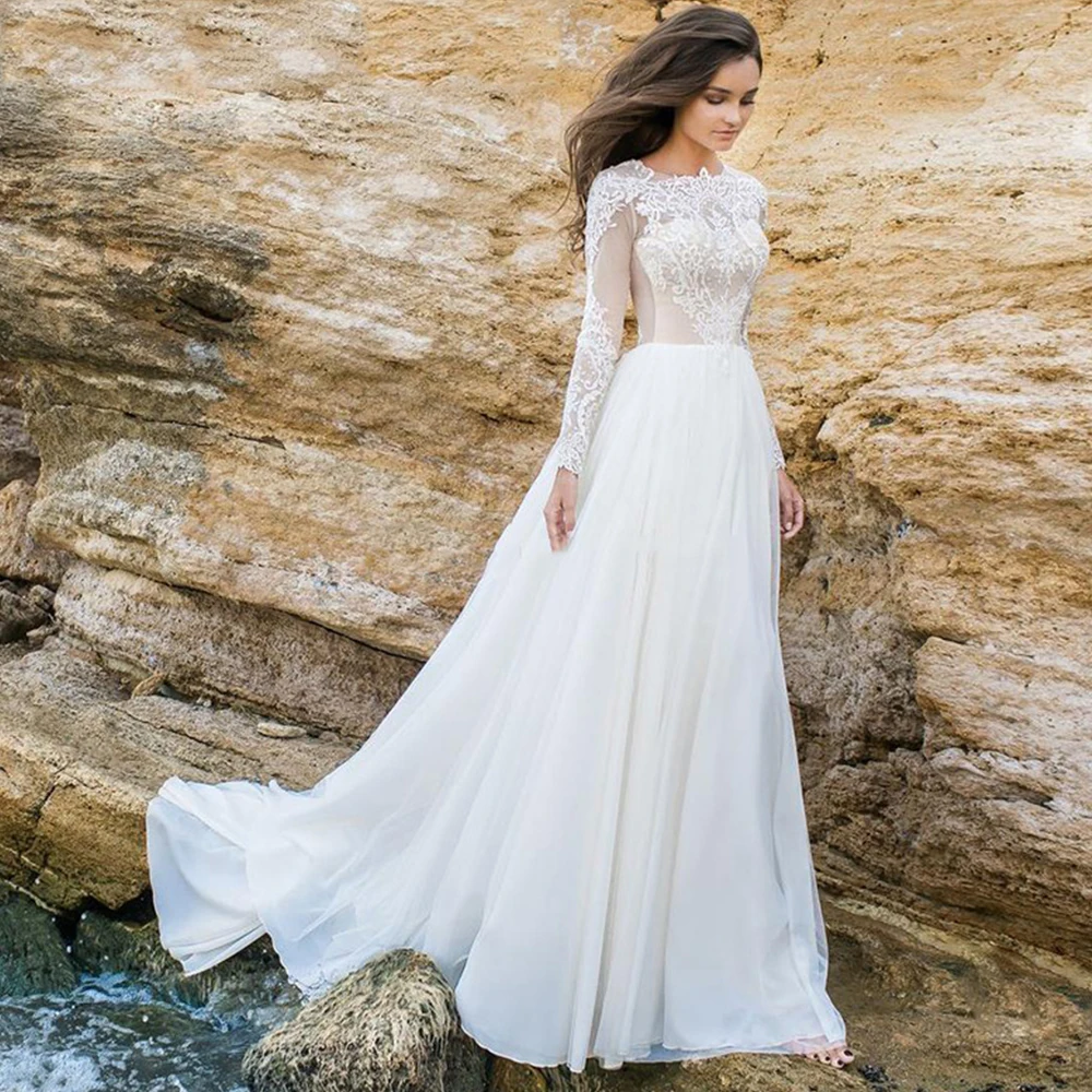 

Bohemian Vintage Wedding Dresses O-Neck Long Sleeves Chiffon Wedding Gowns Lace Appliques Beach Floor Length Bride Dress Vestido